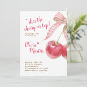 Cherry Baby Shower Invitation: Pink Bow, Berries Einladung (Stehend Vorderseite)