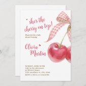 Cherry Baby Shower Invitation: Pink Bow, Berries Einladung (Vorne/Hinten)