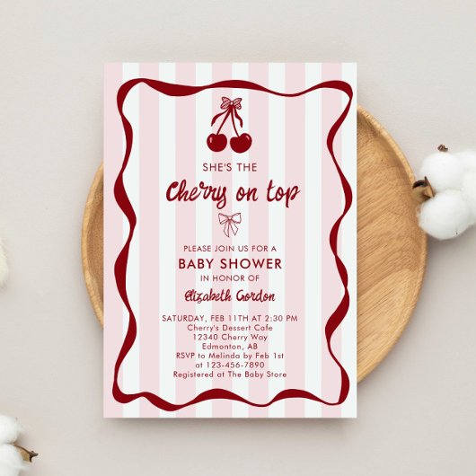 Cherry Baby Shower Sweet Pink Stripes Cute Bow Einladung