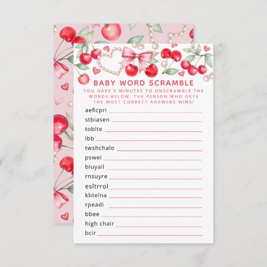 Cherry Baby Shower Word Scramble Game Begleitkarte (Vorne/Hinten)