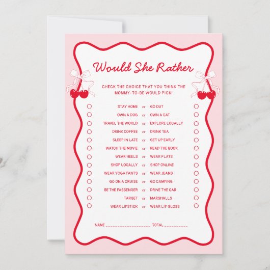 Cherry Baby Shower Would She Rather Game Card Einladung (Vorderseite)