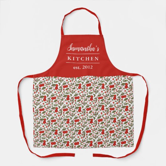 Cherry Berries Muster Hübsch Moderner Roter Name Schürze (Vorderseite)