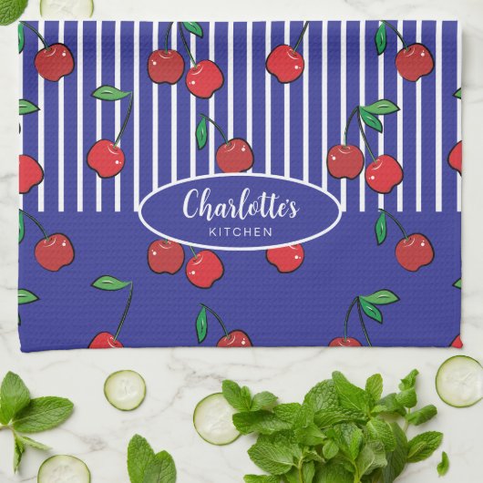 Cherry Berries Red Pattern Modernes Schönes Blau Geschirrtuch (Gefaltet)