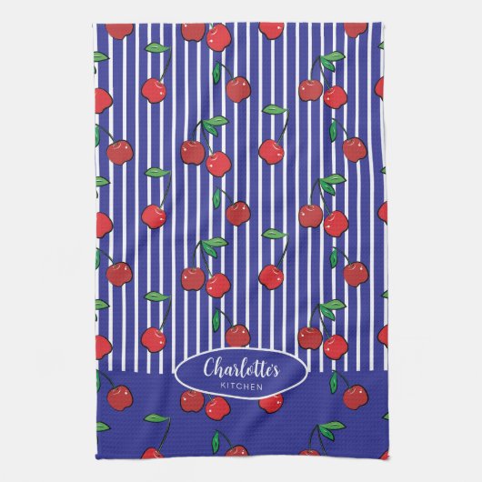 Cherry Berries Red Pattern Modernes Schönes Blau Geschirrtuch (Vertikal)