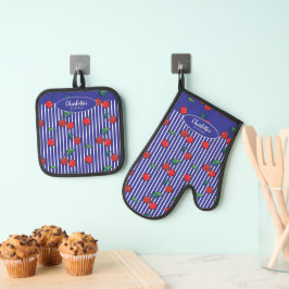 Cherry Berries Red Pattern Modernes Schönes Blau Ofenhandschuh & Topflappen-Set