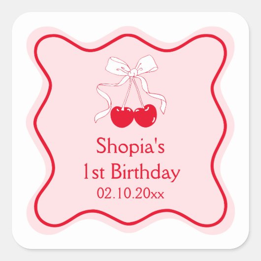 Cherry Birthday Party Quadratischer Aufkleber (Vorderseite)