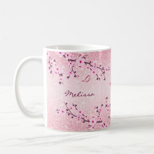 Cherry Bllossoms Rosa Glitzer Monogram Kaffeetasse (Links)