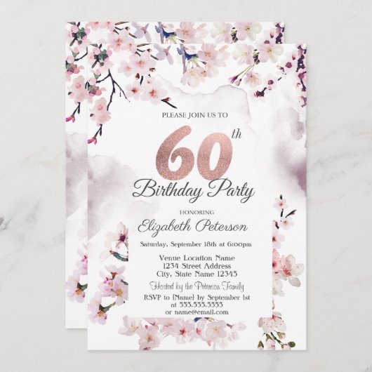 Cherry Blossom 60. Geburtstag Einladung (Vorne/Hinten)