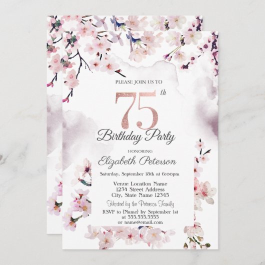 Cherry Blossom 75. Geburtstag Einladung (Vorne/Hinten)