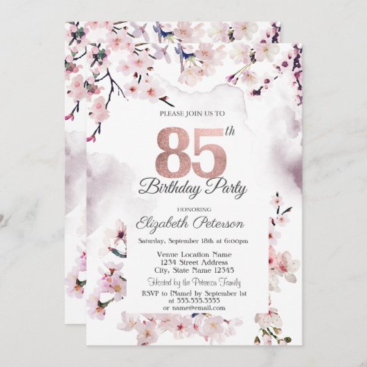 Cherry Blossom 85. Geburtstag Einladung (Vorne/Hinten)