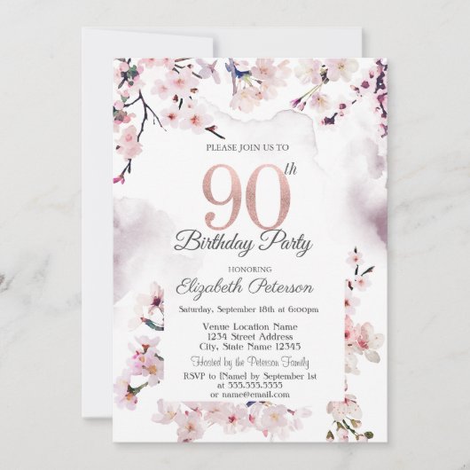 Cherry Blossom 90. Geburtstag Einladung (Vorderseite)