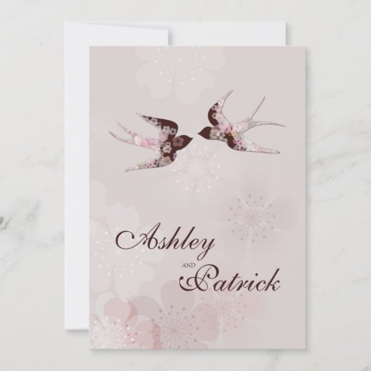 Cherry Blossom and Love Swallows Wedding Einladung (Vorderseite)