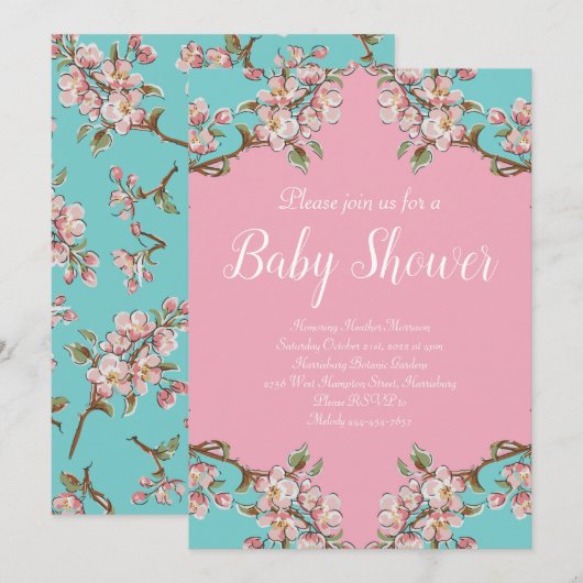 Cherry Blossom Aquamarin Retro Vintag Baby Dusche Einladung (Vorne/Hinten)