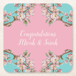 Cherry Blossom Aquamarin Retro Vintag Baby Dusche Rechteckiger Pappuntersetzer