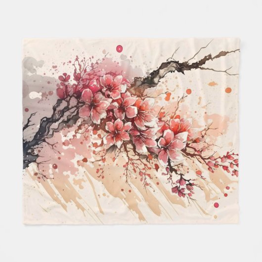 Cherry Blossom Aquarellfarben Blume Rosa Rote Blüt Fleecedecke (Vorderseite (Horizontal))