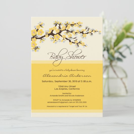 Cherry Blossom Baby Shower Invitation (gelb) Einladung (Stehend Vorderseite)