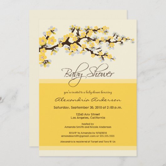 Cherry Blossom Baby Shower Invitation (gelb) Einladung (Vorne/Hinten)