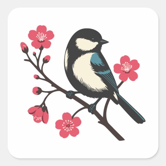 Cherry Blossom Bird - Frühlingsdienlichkeit Kunst Quadratischer Aufkleber (Vorderseite)