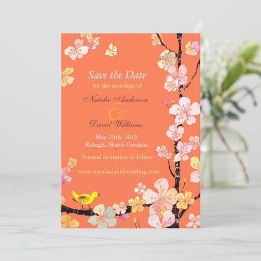 Cherry Blossom Bird Orange Wedding Save the Date (Stehend Vorderseite)