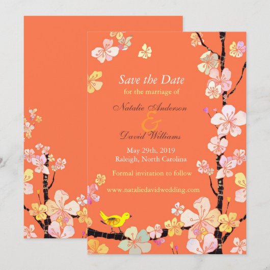 Cherry Blossom Bird Orange Wedding Save the Date (Vorne/Hinten)