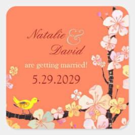 Cherry Blossom Bird Wedding Save the Date Quadratischer Aufkleber