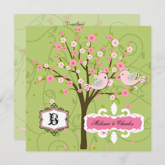 Cherry Blossom Birds Square Einladung zur Hochzeit (Vorne/Hinten)