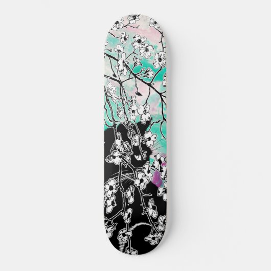 Cherry Blossom Black Cat Floral Green Pink Sky Skateboard (Vorderseite)