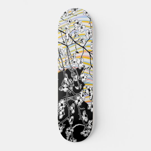 Cherry Blossom Black Cat Floral Waves farbenfroh Skateboard (Vorderseite)