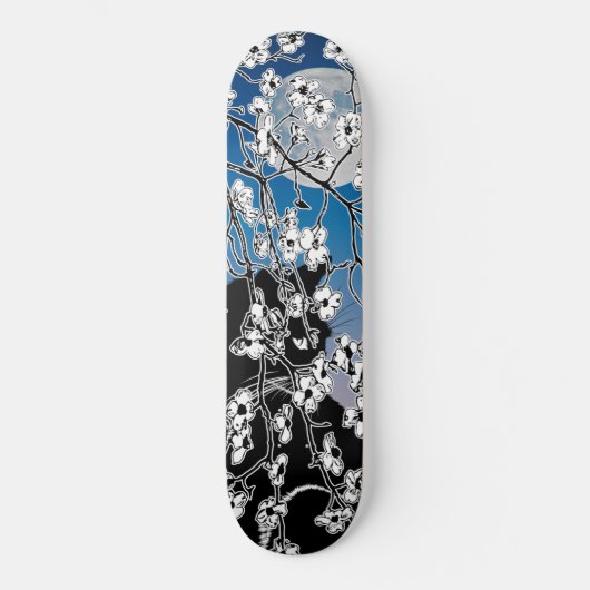 Cherry Blossom Black Cat Vollmond Nacht Skateboard (Vorderseite)
