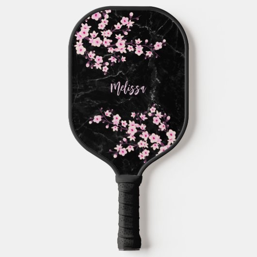Cherry Blossom Black Marble Monogram Pickleball Schläger (Vorderseite)