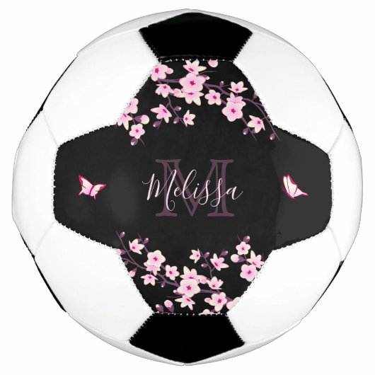 Cherry Blossom Black Pink Ihr Name Monogram Fußball (Vorderseite)