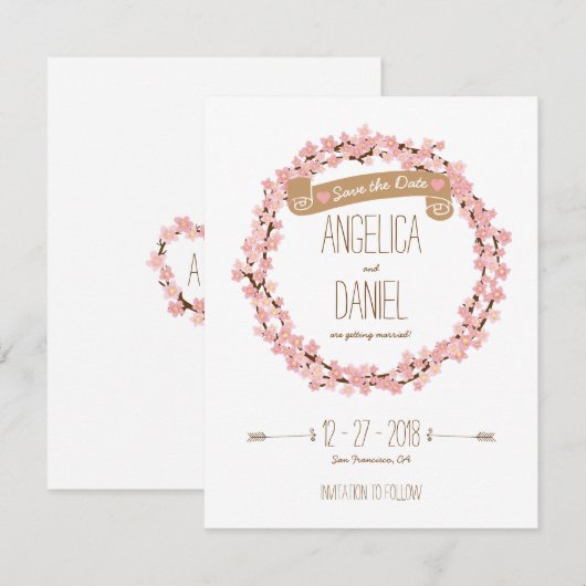 Cherry Blossom Bloral Wreath Spring Save the Date (Vorne/Hinten)