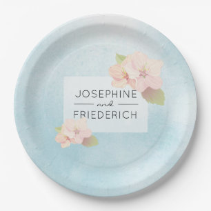 Cherry Blossom Blue Watercolor Wedding Paper Plate Pappteller