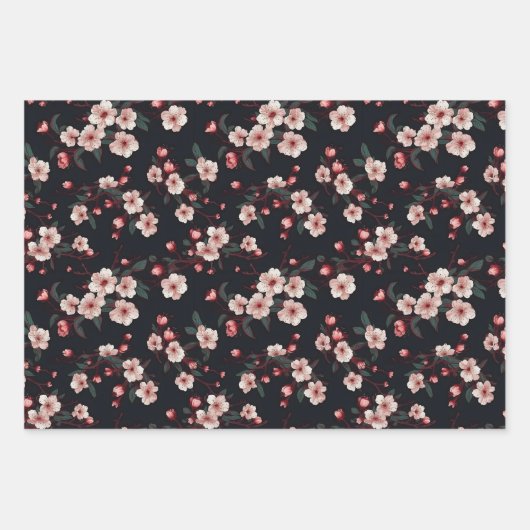 Cherry Blossom Blume auf schwarzem Hintergrund Geschenkpapier Set (Vorderseite 2)
