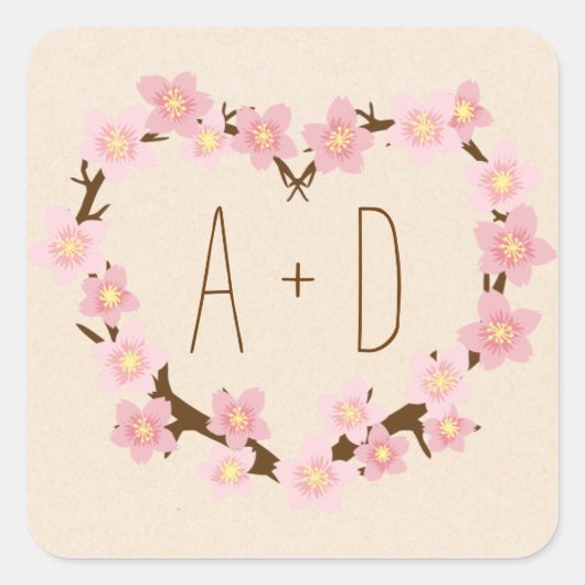 Cherry Blossom Blume Wreath Rustikale Hochzeit Quadratischer Aufkleber (Vorderseite)