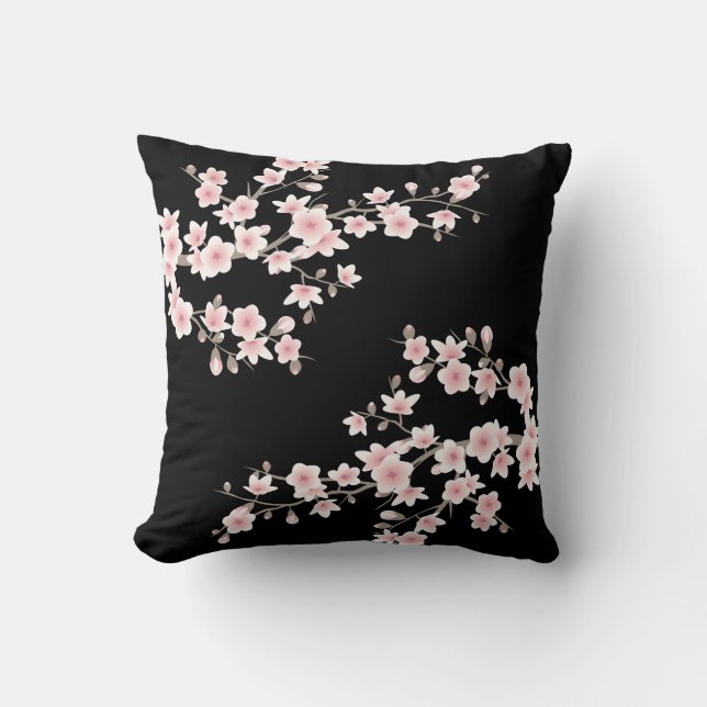 Cherry Blossom Blush Pink Black Kissen (Vorderseite)