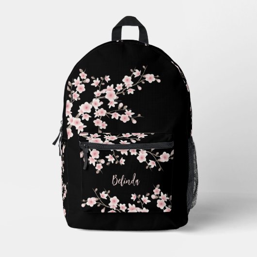 Cherry Blossom Blush Pink Black Monogram Bedruckter Rucksack (Vorderseite)