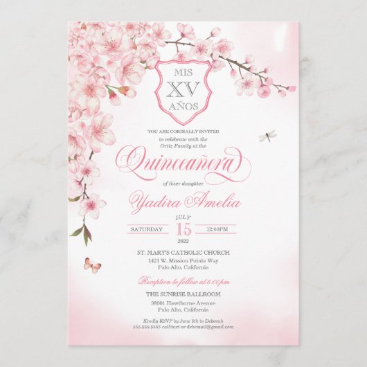 Cherry Blossom Blush Pink Quinceañera Einladung (Vorderseite)