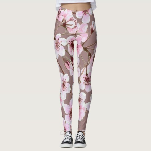 Cherry Blossom Branchen Wasserfarben Muster Leggings (Vorderseite)