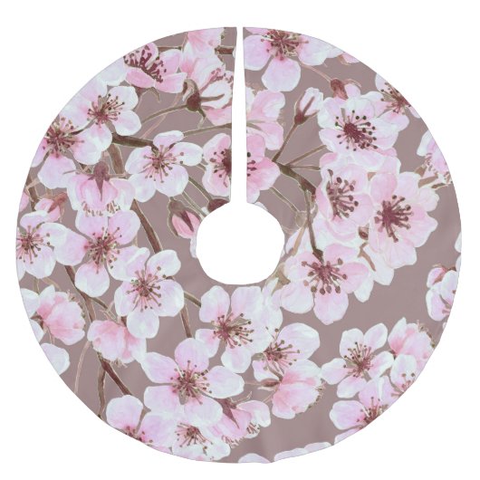 Cherry Blossom Branchen Wasserfarben Muster Polyester Weihnachtsbaumdecke (Vorderseite)