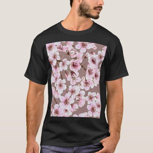 Cherry Blossom Branchen Wasserfarben Muster T-Shirt (Vorderseite)