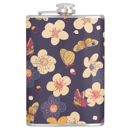 Cherry Blossom Butterfly Asian Print Flachmann (Vorderseite)