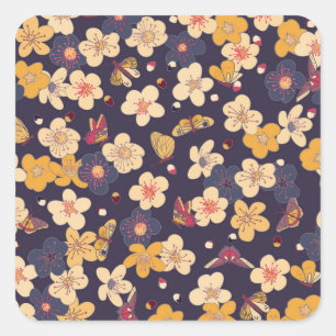 Cherry Blossom Butterfly Asian Print Quadratischer Aufkleber