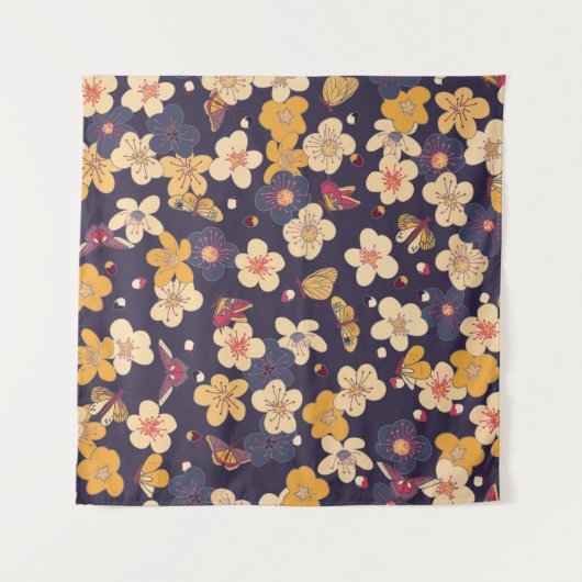 Cherry Blossom Butterfly Asian Print Wandteppich (Vorderseite (Horizontal))