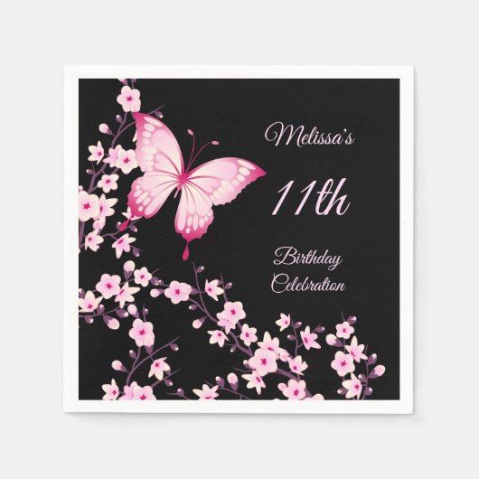 Cherry Blossom Butterfly Pink Black Birthday Serviette (Vorderseite)