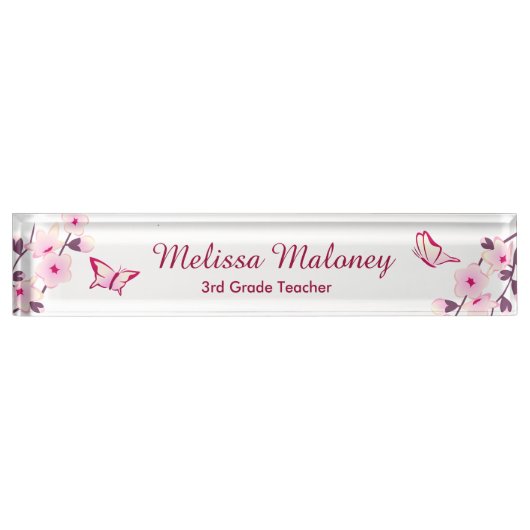 Cherry Blossom Butterfly Pink White Teachers Namensplakette (Vorderseite)