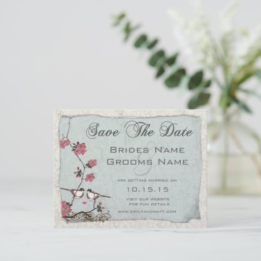 Cherry Blossom Chickadee Damask Save the Date Einladung (Stehend Vorderseite)