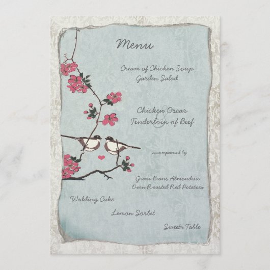 Cherry Blossom Chickadee Damask Wedding Menu Menükarte (Vorderseite)