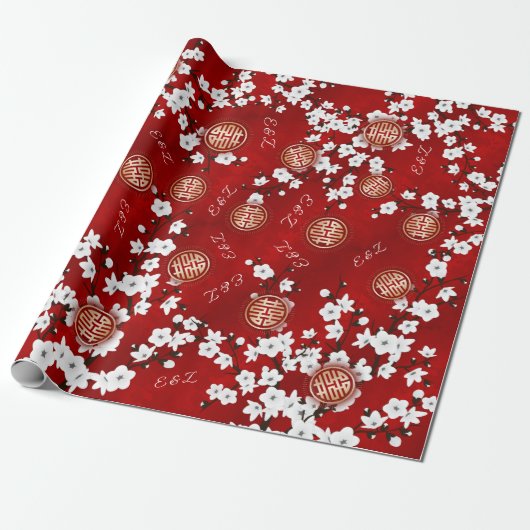 Cherry Blossom Chinese Wedding Initials Geschenkpapier (Ungerollt)