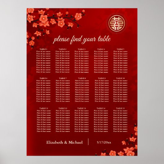 Cherry Blossom Chinese Wedding Seating Chart Poster (Vorne)